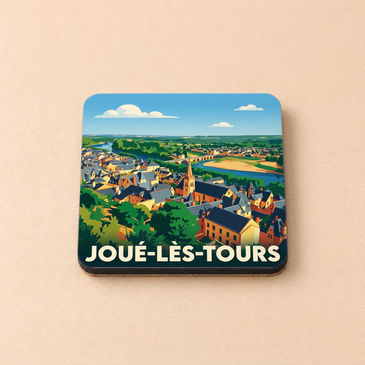 Dessous de verre souvenir de la ville de Joué-lès-Tours avec une illustration stylisée et colorée.