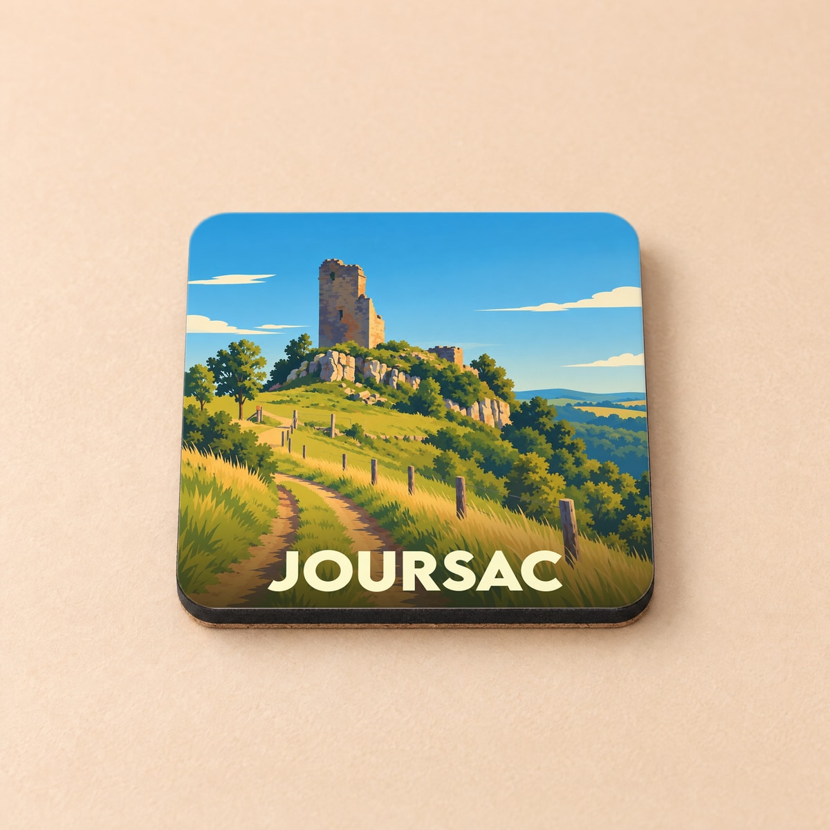 Dessous de verre souvenir de la ville de Joursac avec une illustration stylisée des ruines de son château.
