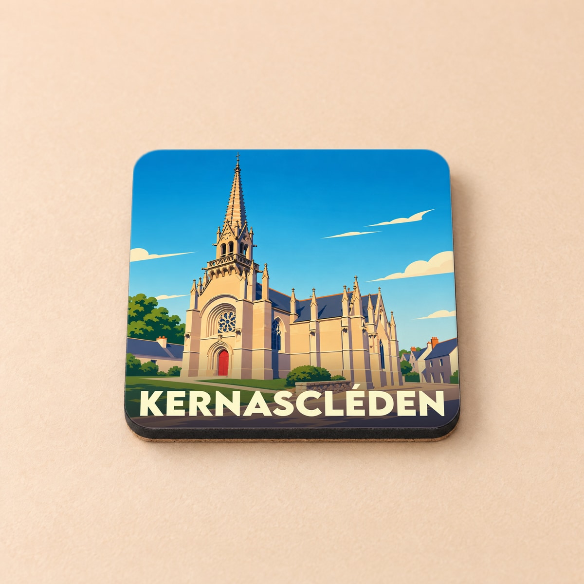 Dessous de verre souvenir de la ville de Kernascléden avec une illustration stylisée de son église.