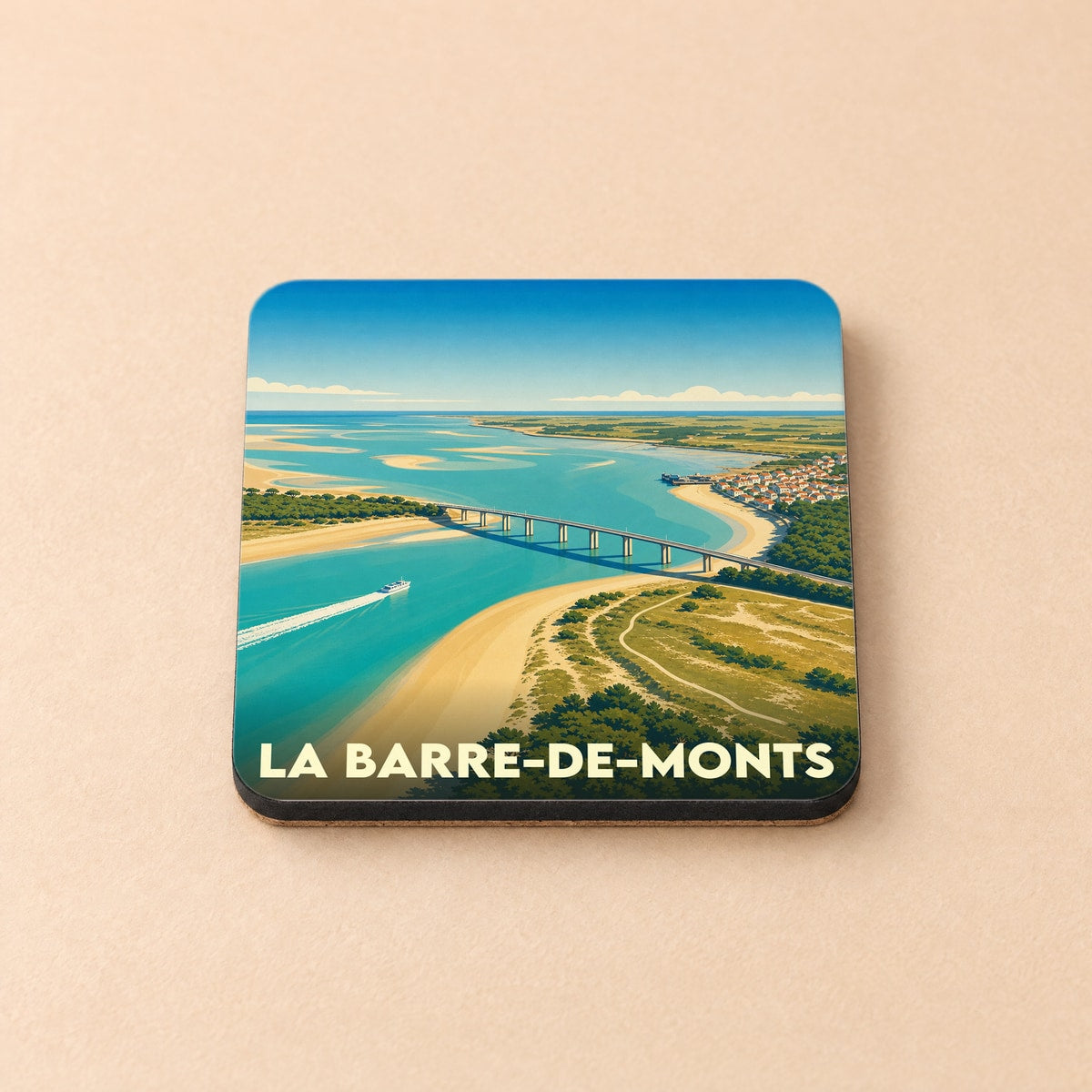 Dessous de verre souvenir de la ville de La Barre-de-Monts avec une illustration stylisée de son pont et de son littoral.