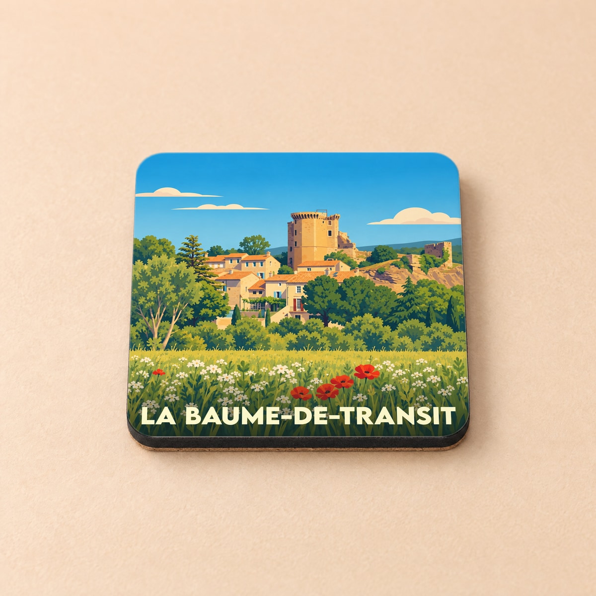 Dessous de verre souvenir de la ville de La Baume-de-Transit avec une illustration stylisée d'un village provençal et son château.