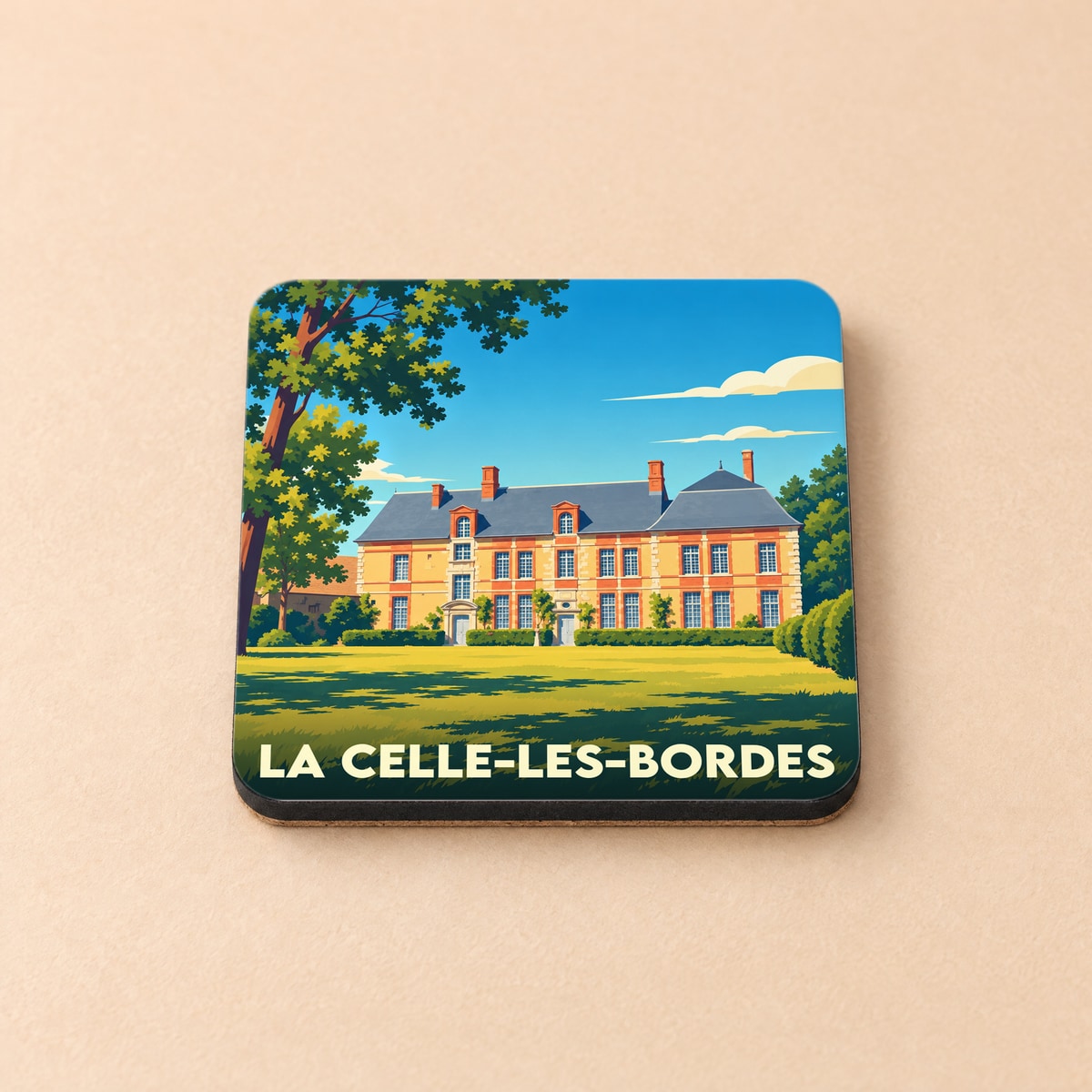 Dessous de verre souvenir de la ville de La Celle-les-Bordes avec une illustration stylisée de son château.