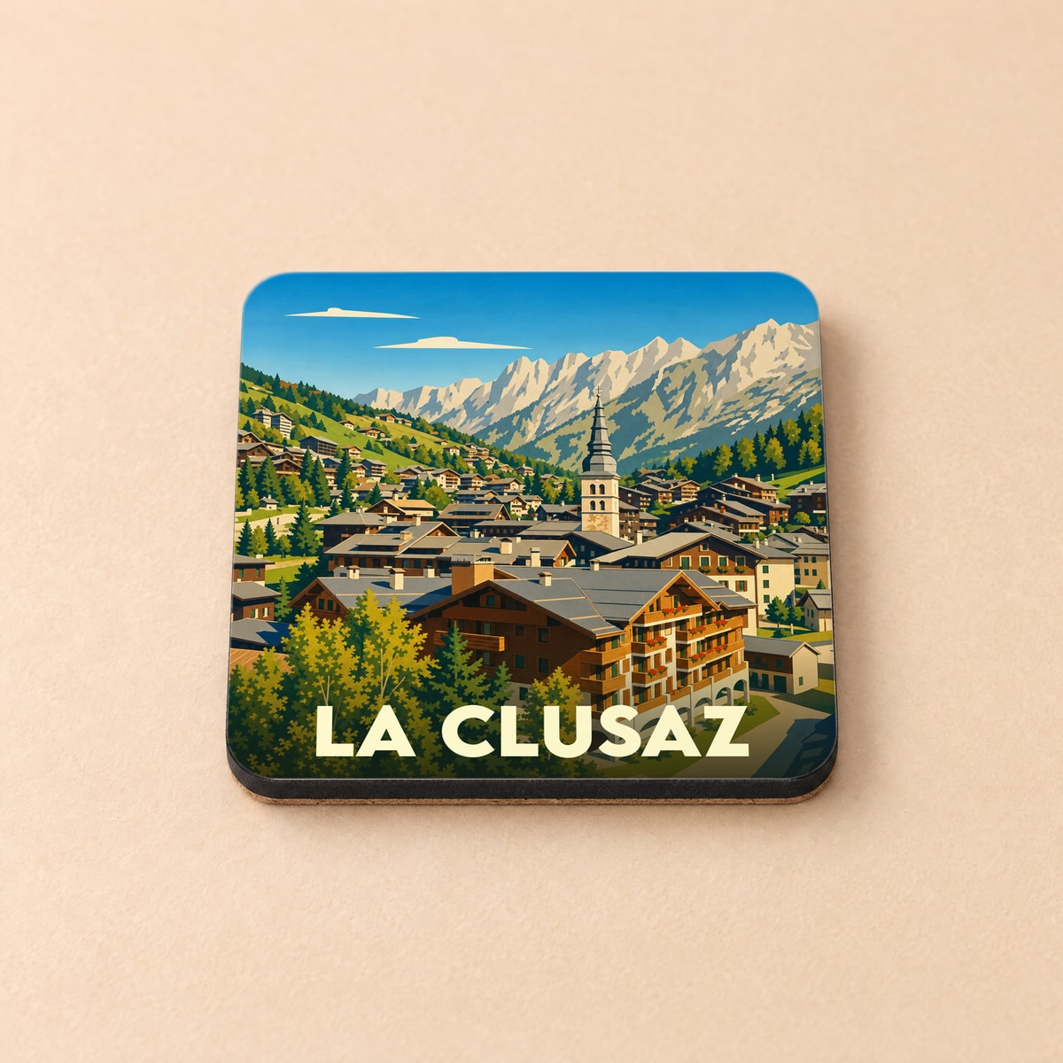 Dessous de verre souvenir de la ville de La Clusaz avec une illustration stylisée de son village et de ses montagnes.