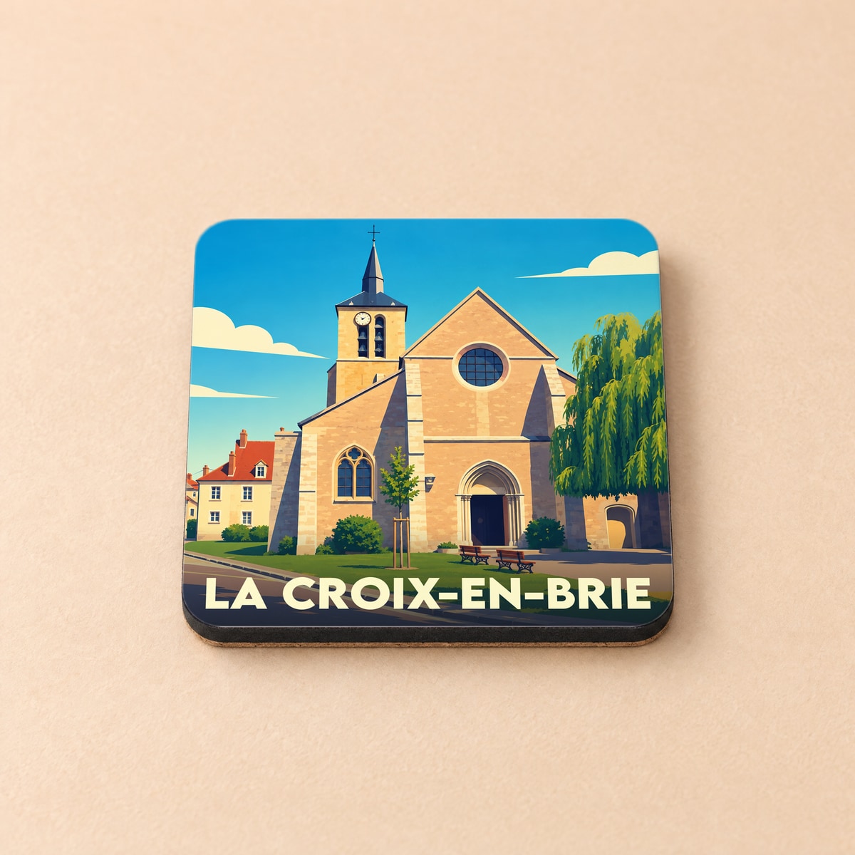 Dessous de verre souvenir de la ville de La Croix-en-Brie avec une illustration stylisée de son église.