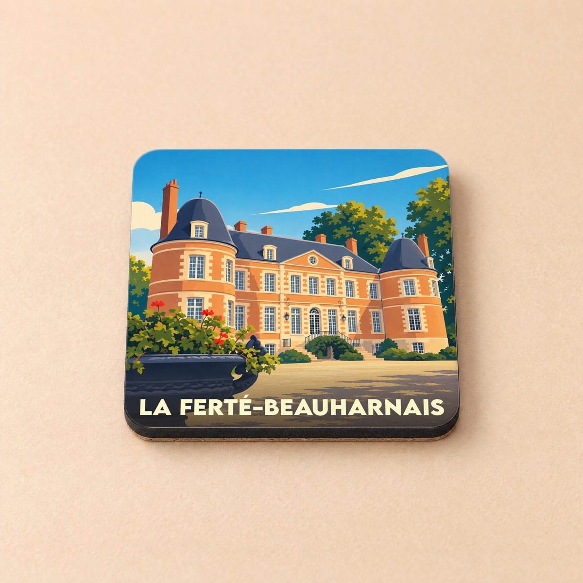 Dessous de verre souvenir de la ville de La Ferté-Beauharnais avec une illustration stylisée de son château.