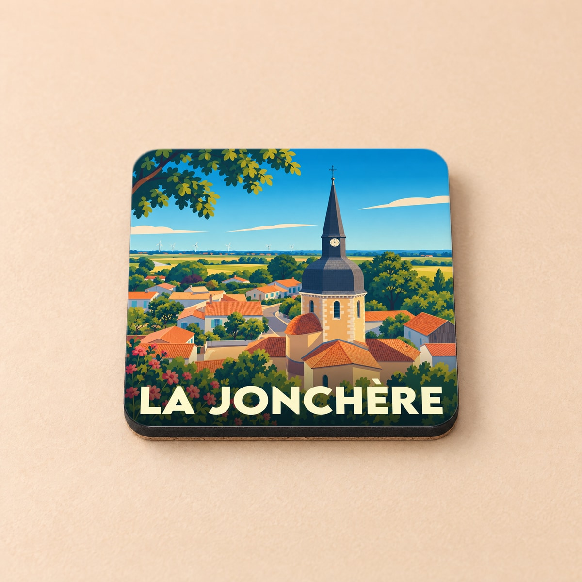 Dessous de verre souvenir de la ville de La Jonchère avec une illustration stylisée.