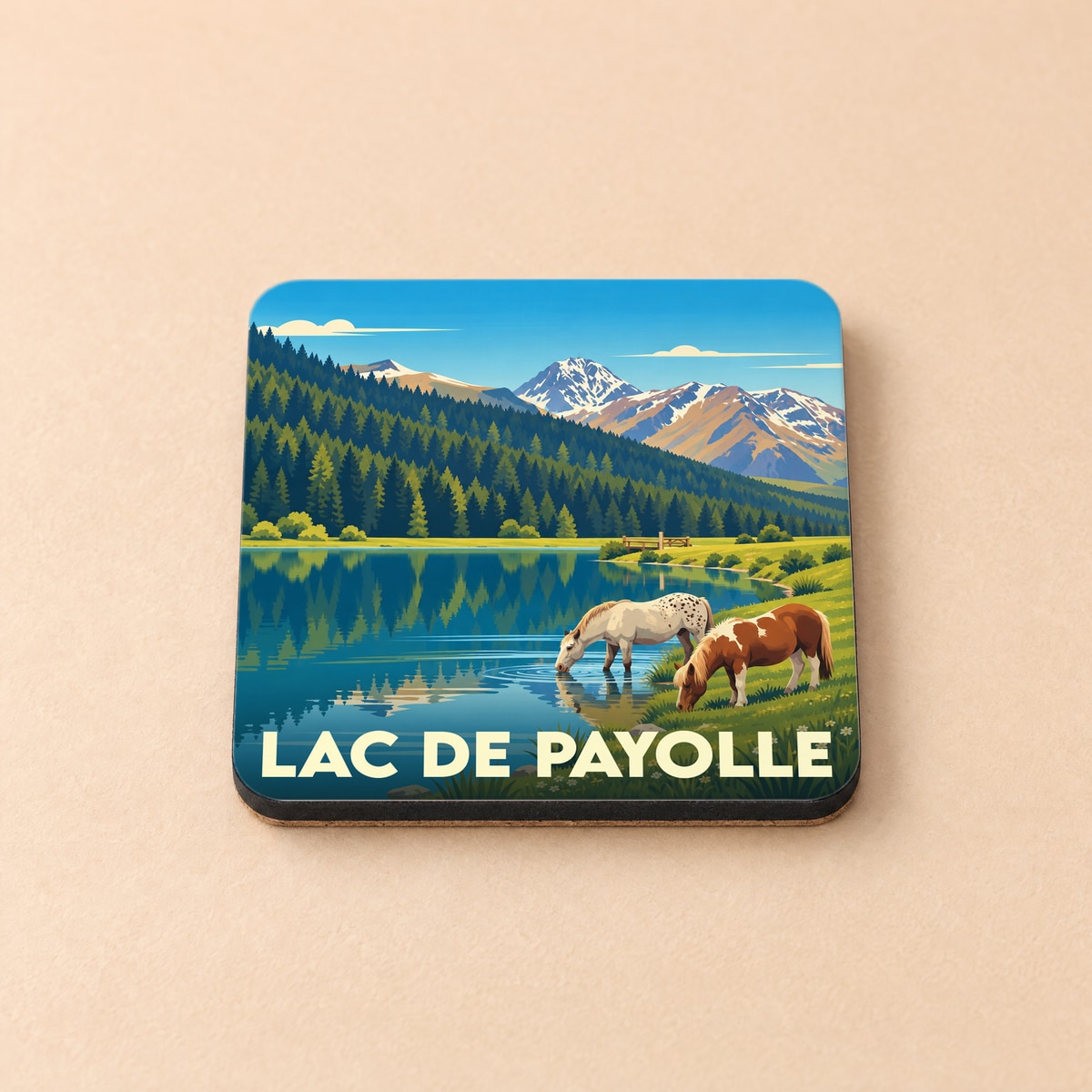 Dessous de verre souvenir de Lac de Payolle avec une illustration stylisée de montagne et de chevaux.