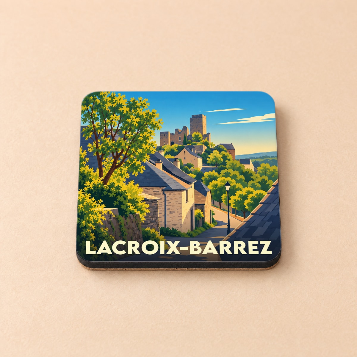 Dessous de verre souvenir de la ville de Lacroix-Barrez avec une illustration stylisée du village et de son château.