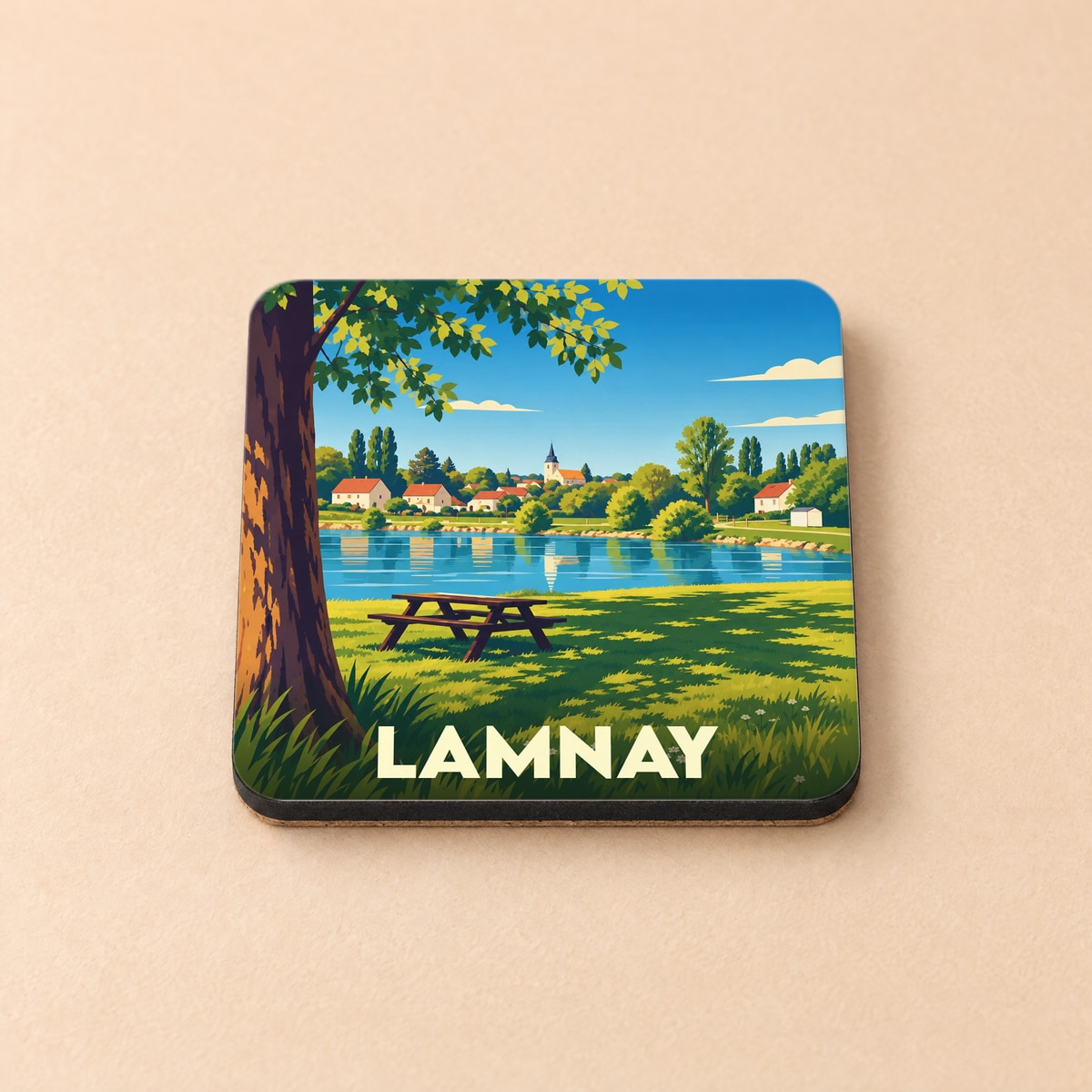 Dessous de verre souvenir de la ville de Lamnay avec une illustration stylisée d'un paysage de bord de lac.