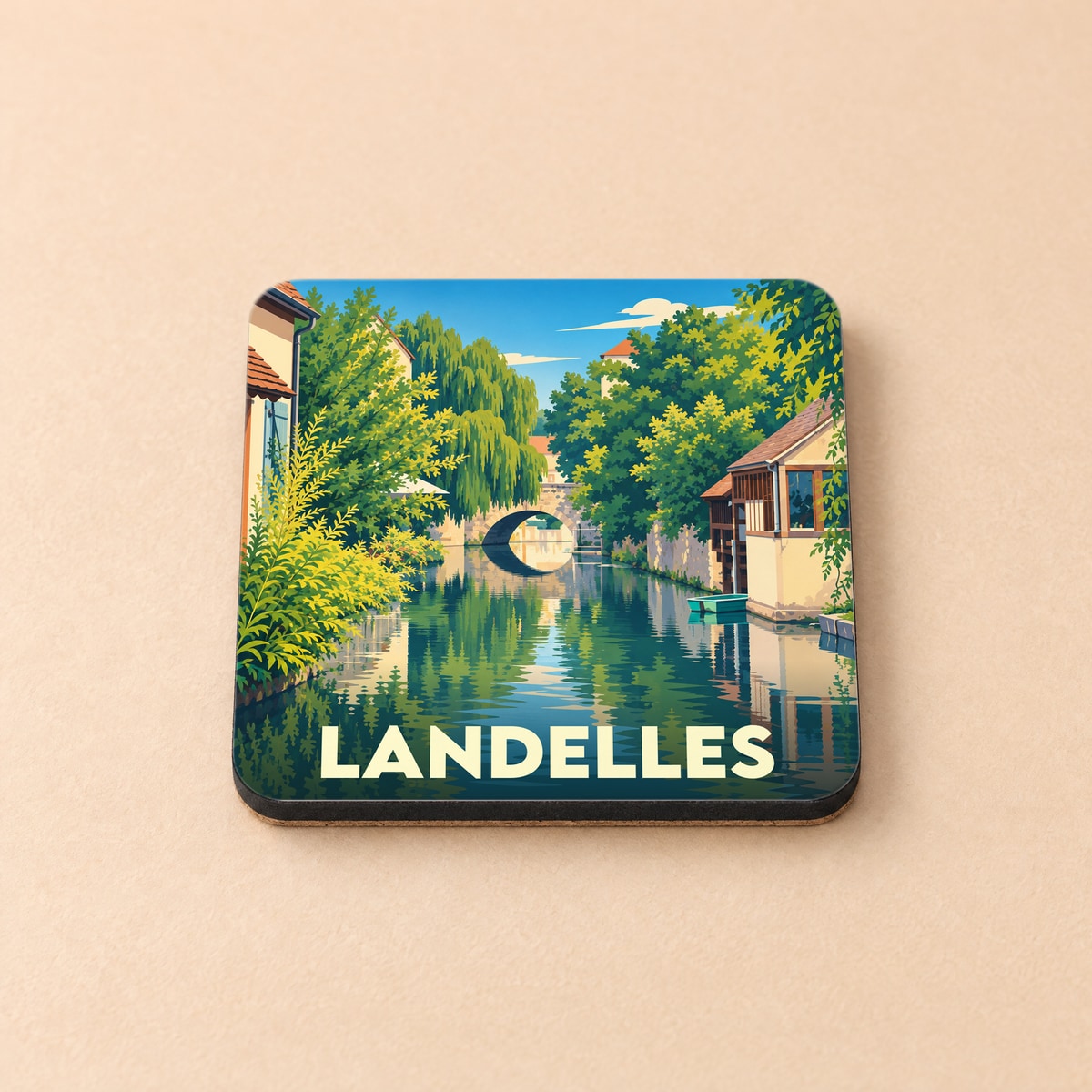 Dessous de verre souvenir de la ville de Landelles avec une illustration stylisée d'un canal et d'un pont en pierre.