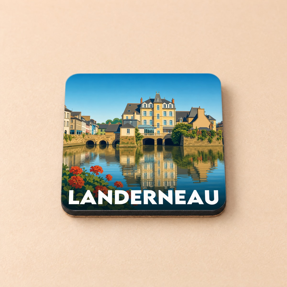 Dessous de verre souvenir de la ville de Landerneau avec une illustration stylisée de son célèbre pont habité.