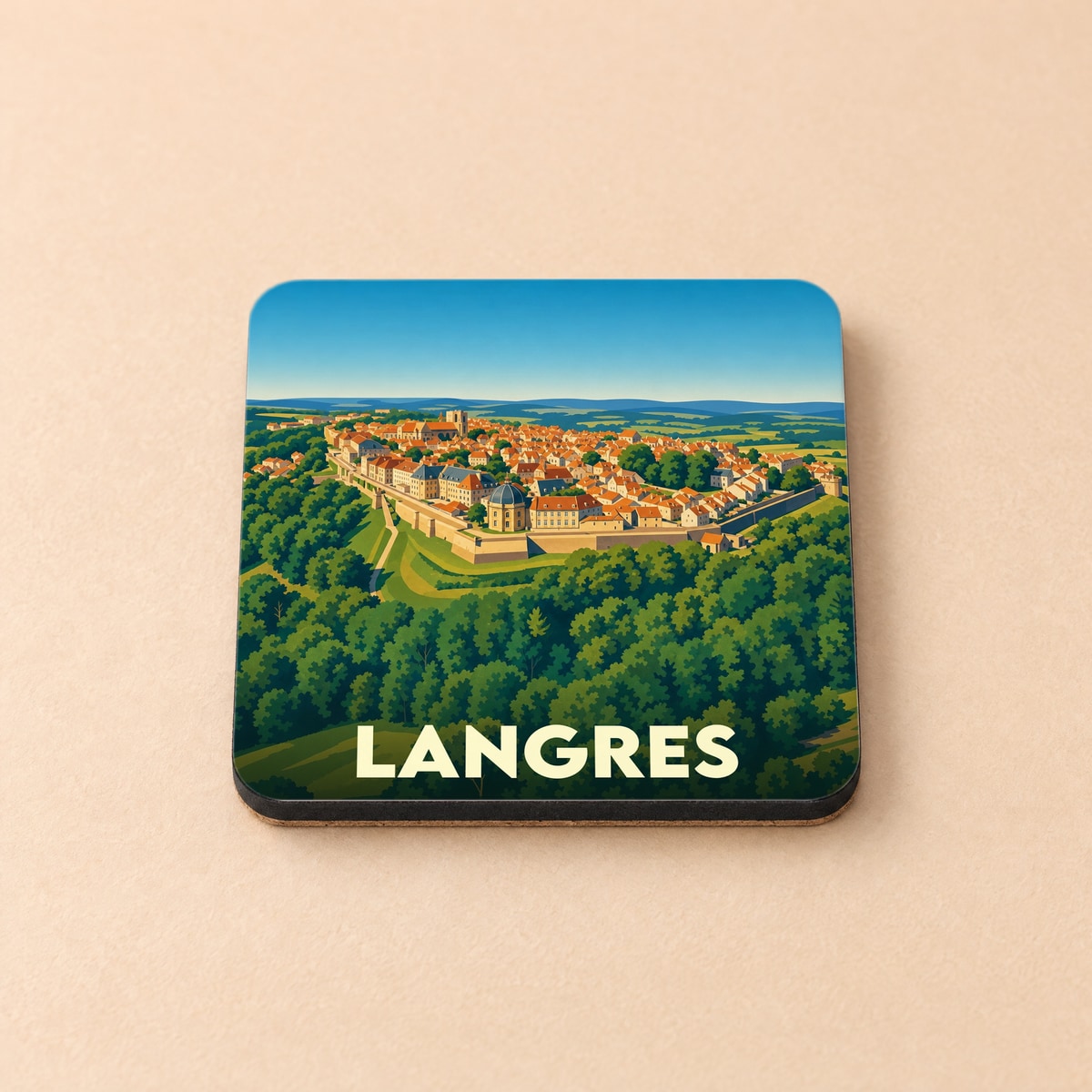 Dessous de verre souvenir de la ville de Langres avec une illustration stylisée de ses remparts et sa cité médiévale.