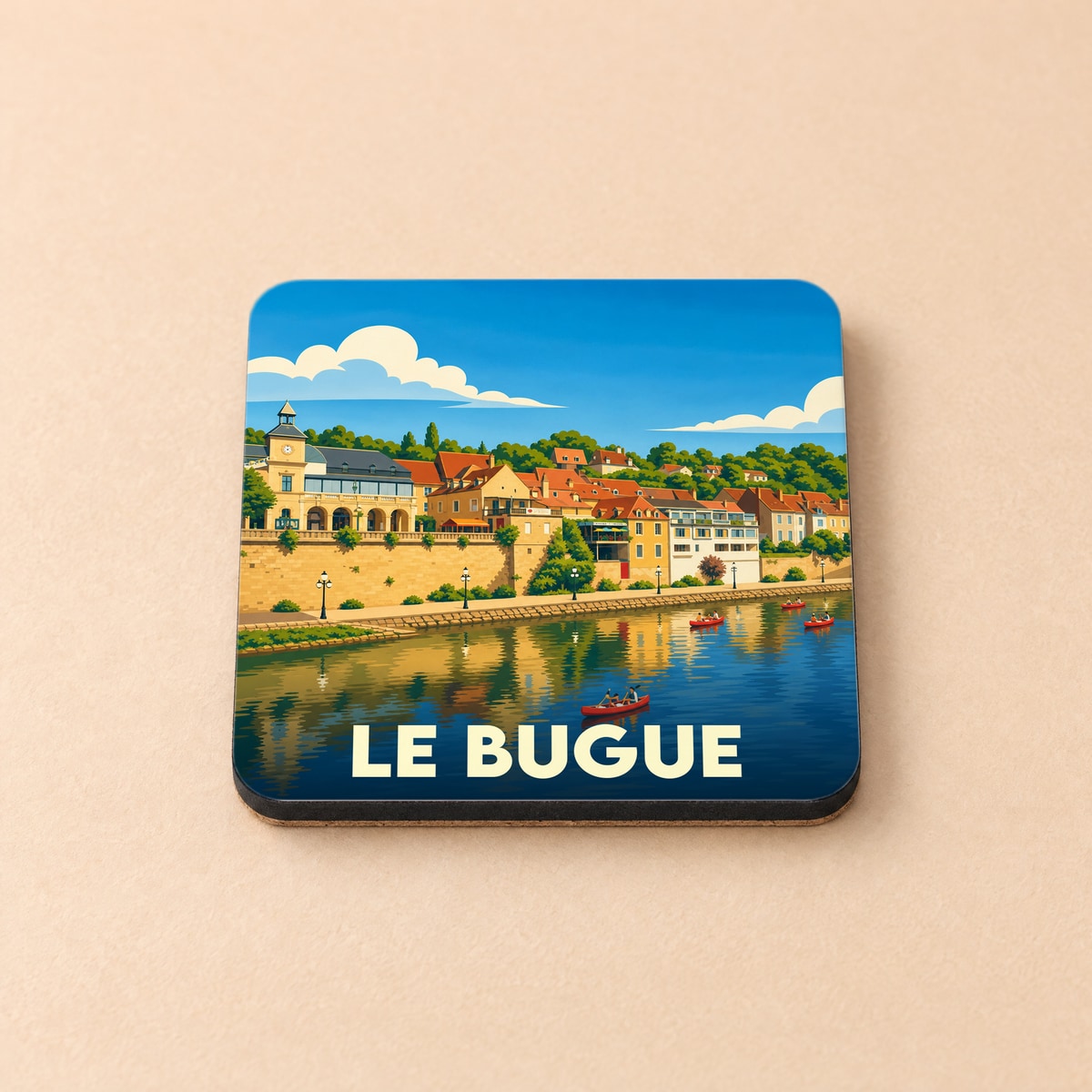 Dessous de verre souvenir de la ville de Le Bugue avec une illustration stylisée des bords de la Vézère.