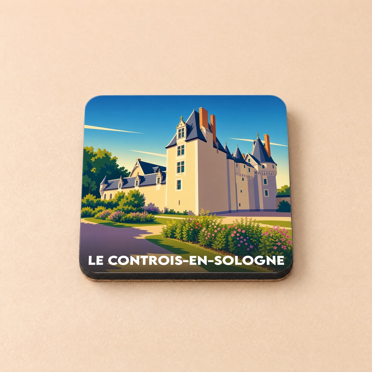 Dessous de verre souvenir de la ville de Le Controis-en-Sologne avec une illustration stylisée de son château.