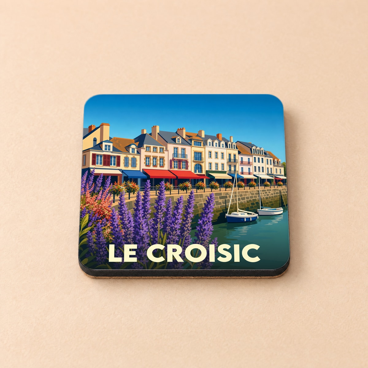 Dessous de verre souvenir de la ville du Croisic avec une illustration stylisée du port.