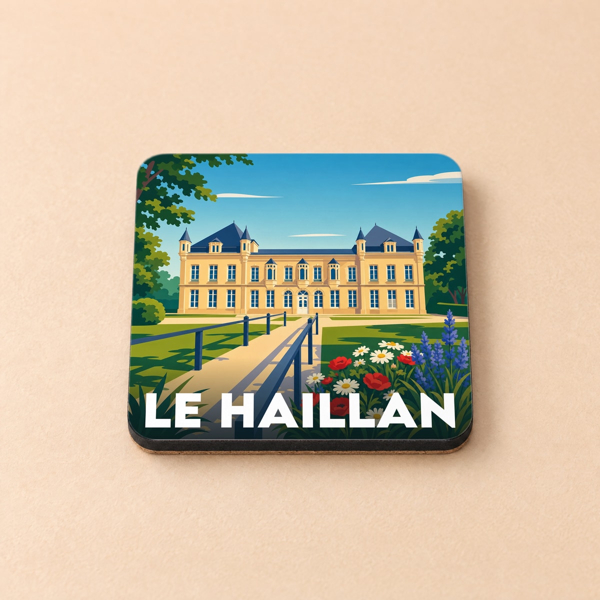 Dessous de verre souvenir de la ville de Le Haillan avec une illustration stylisée d'un château.