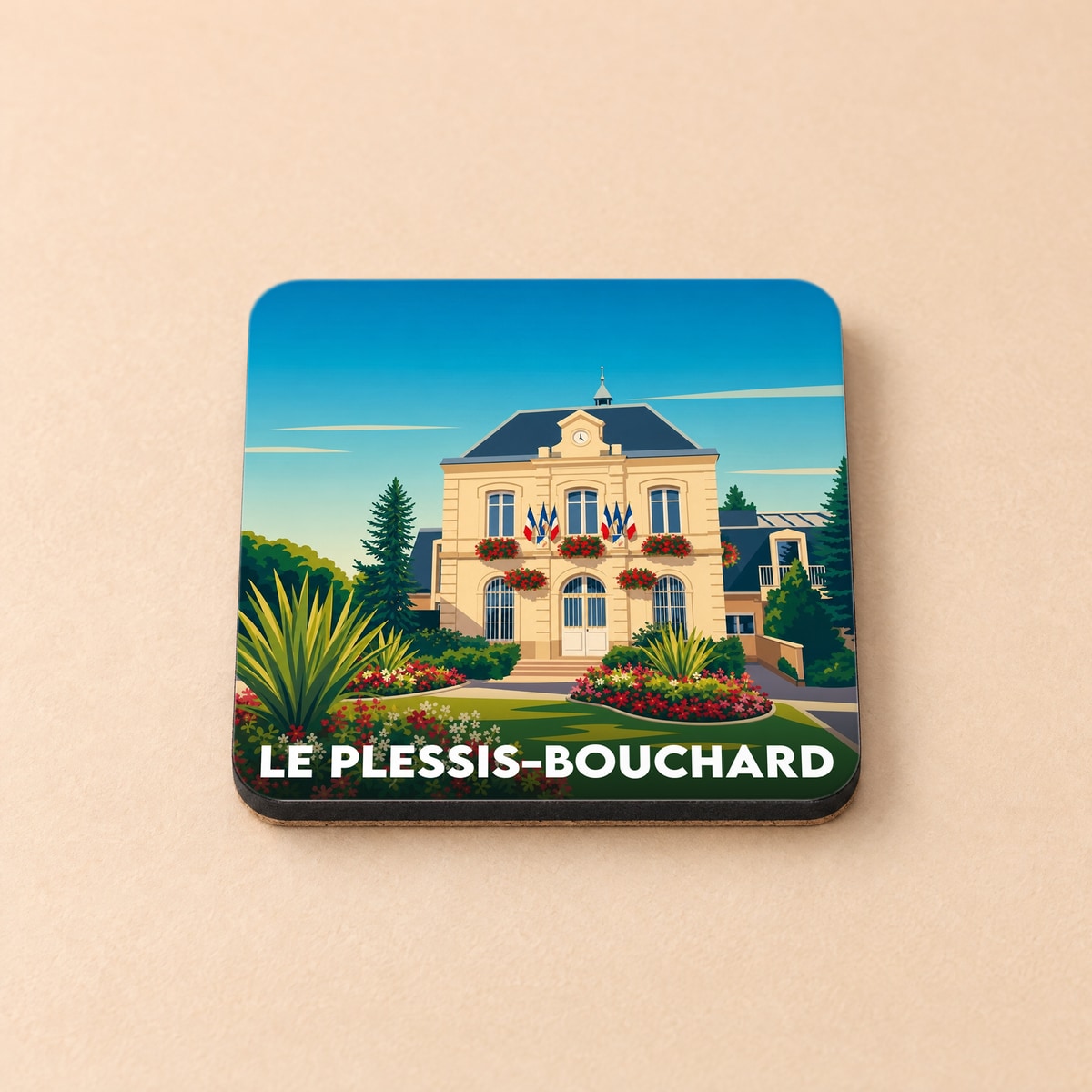 Dessous de verre souvenir de la ville de Le Plessis-Bouchard avec une illustration stylisée de la mairie.