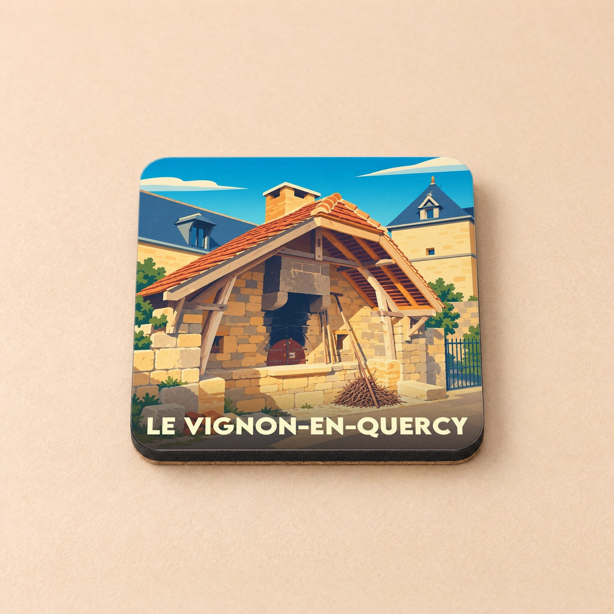 Dessous de verre souvenir de la ville de Le Vignon-en-Quercy avec une illustration stylisée d'un four à pain traditionnel.
