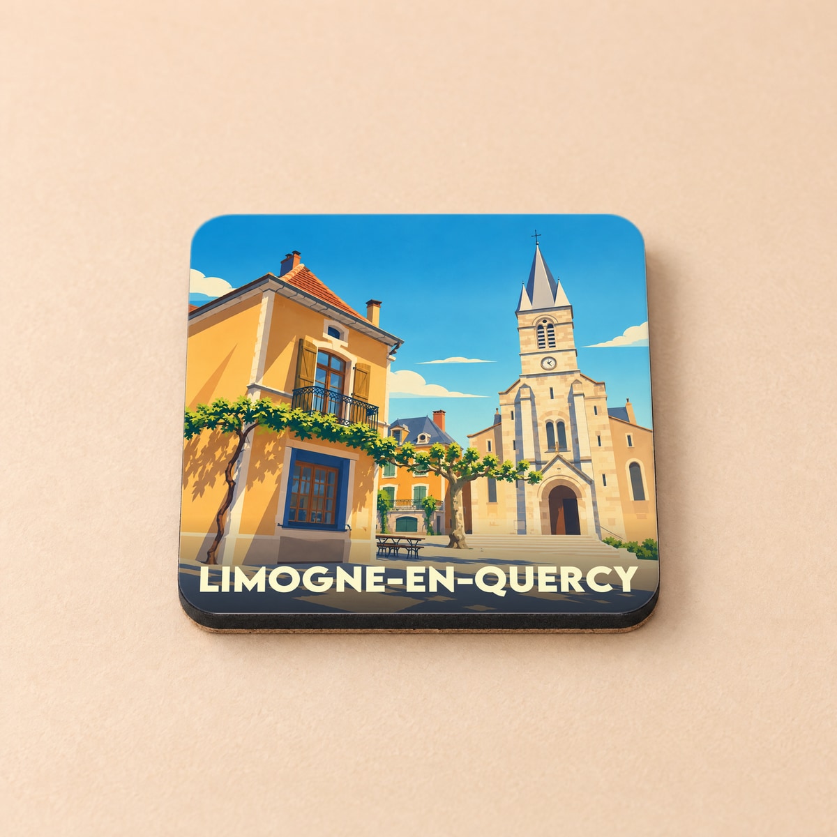 Dessous de verre souvenir de la ville de Limogne-en-Quercy avec une illustration stylisée de sa place centrale.