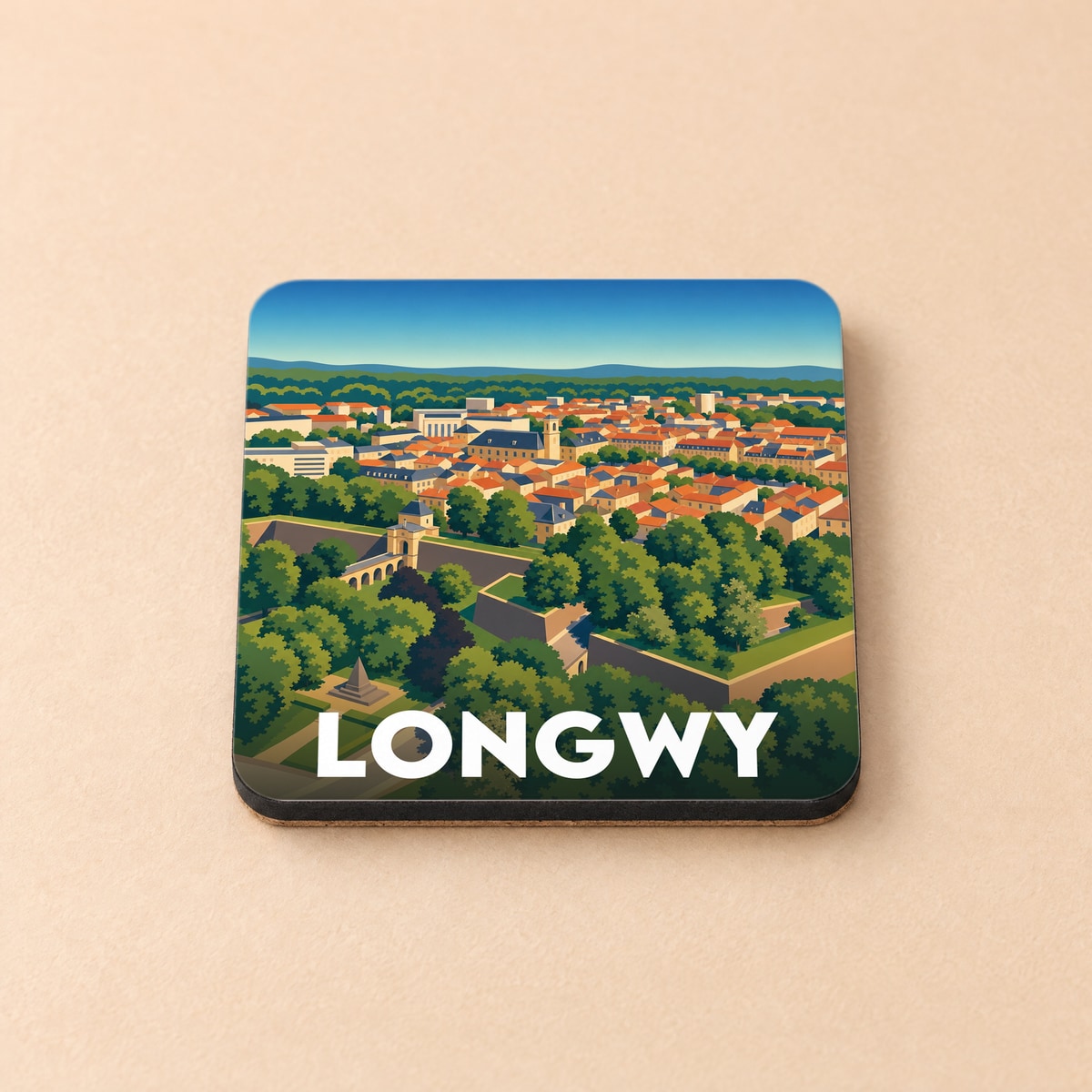 Dessous de verre souvenir de la ville de Longwy avec une illustration stylisée de ses remparts et de son architecture.