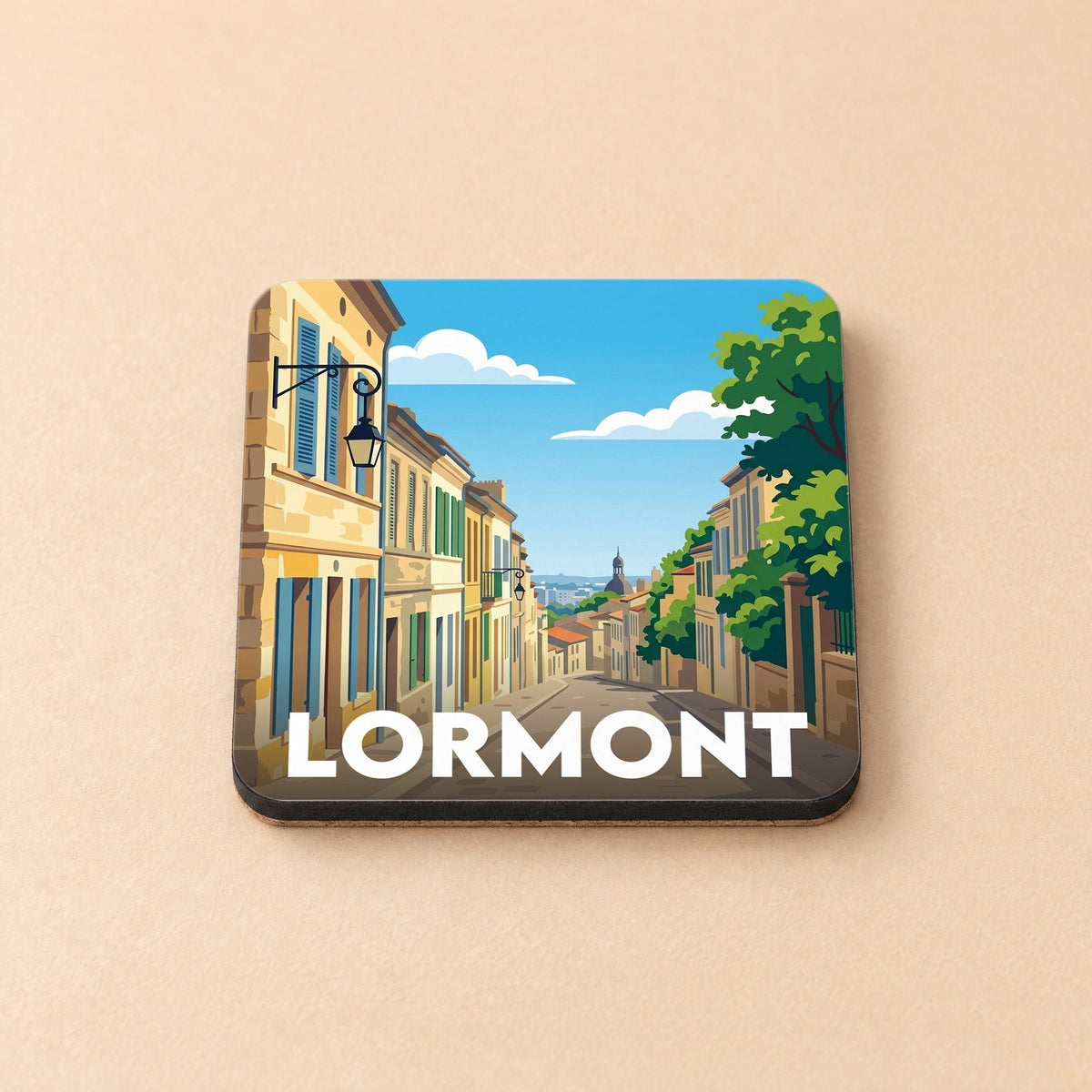 Dessous de verre souvenir de la ville de Lormont avec une illustration stylisée d'une rue pittoresque.