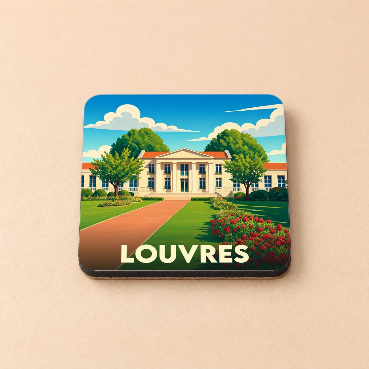 Dessous de verre souvenir de la ville de Louvres avec une illustration stylisée.