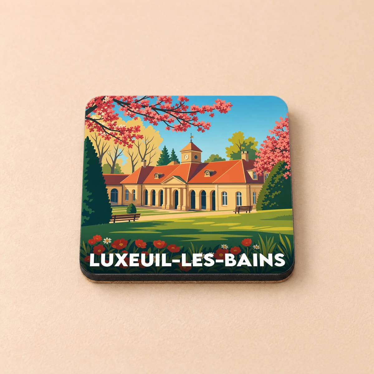 Dessous de verre souvenir de la ville de Luxeuil-les-Bains avec une illustration stylisée de ses thermes.