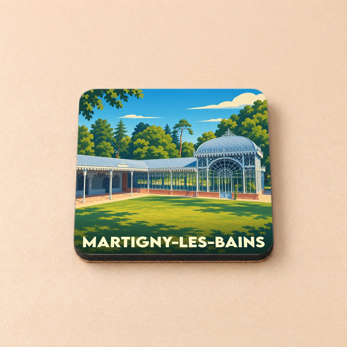 Dessous de verre souvenir de la ville de Martigny-les-Bains avec une illustration stylisée de son pavillon des sources.