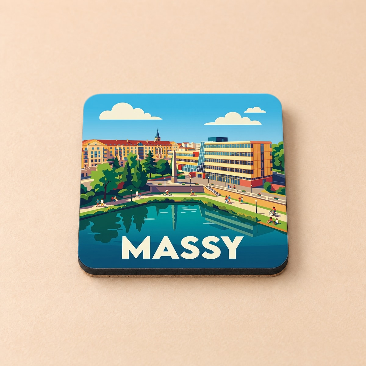 Dessous de verre souvenir de la ville de Massy avec une illustration stylisée et colorée de son paysage urbain.