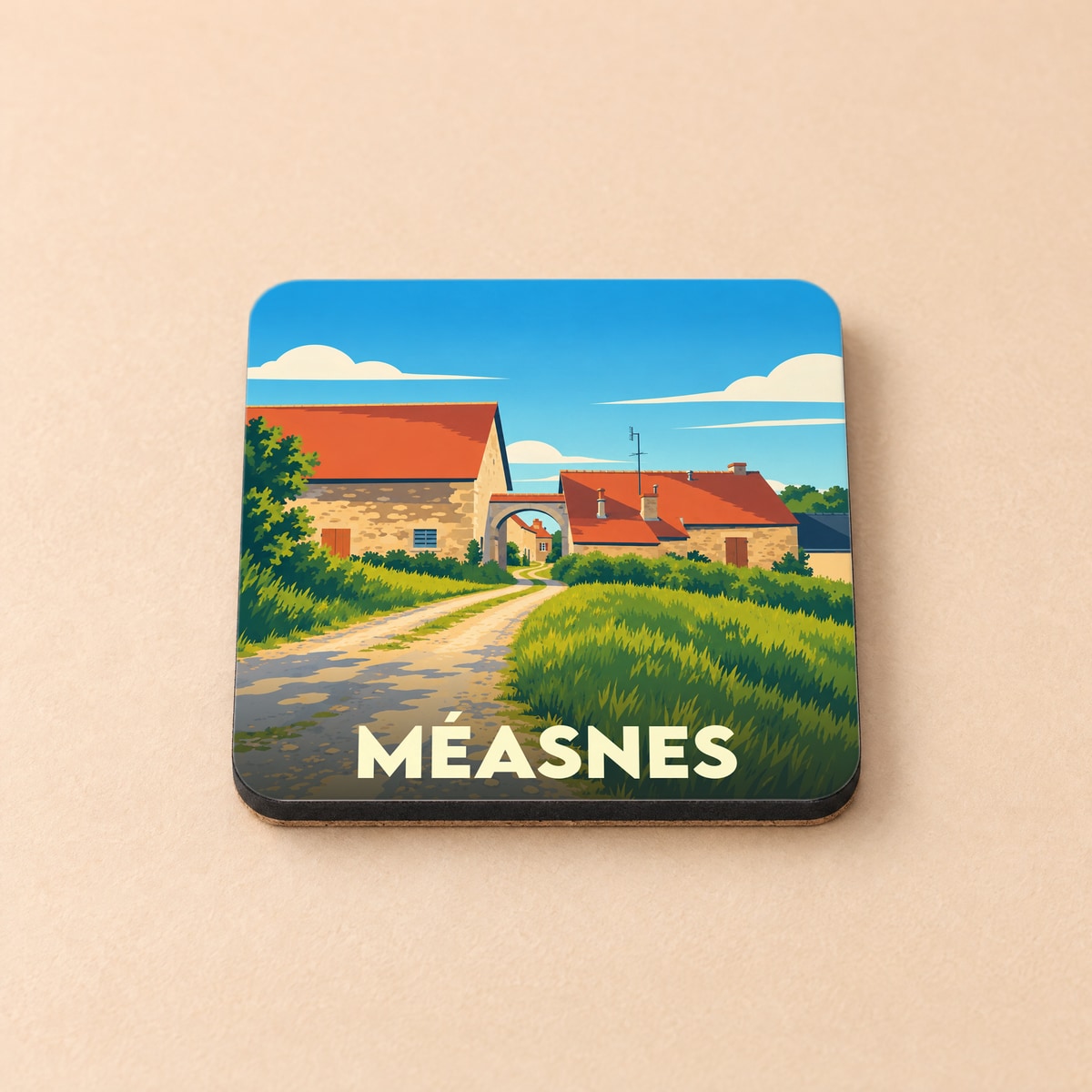 Dessous de verre souvenir de la ville de Méasnes avec une illustration stylisée d'un paysage rural.