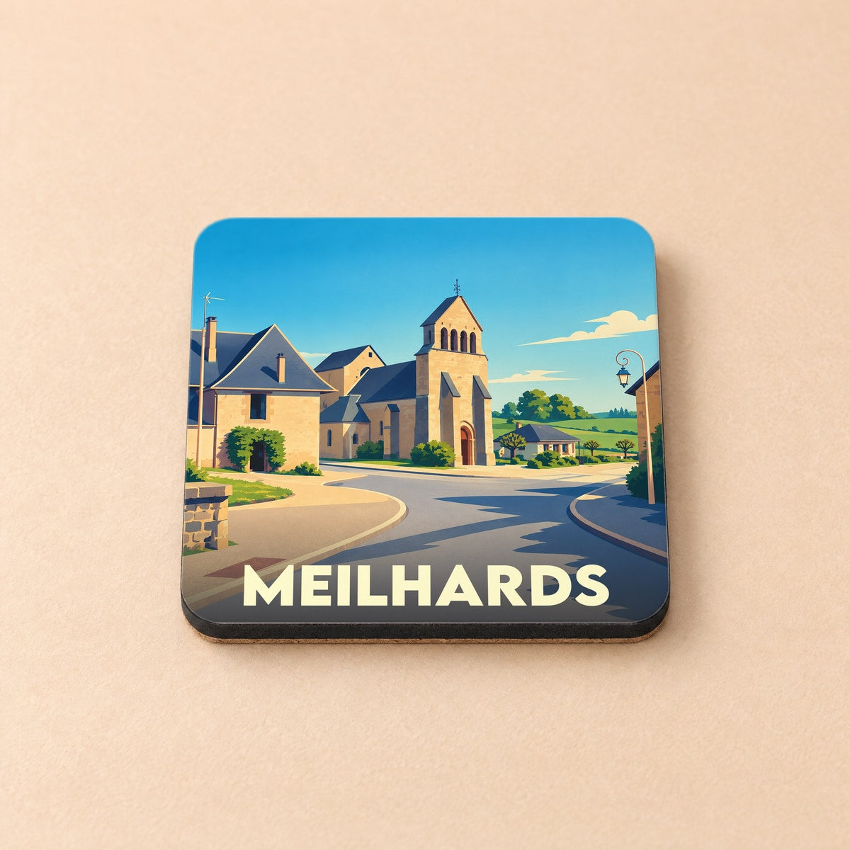 Dessous de verre souvenir de la ville de Meilhards avec une illustration stylisée.