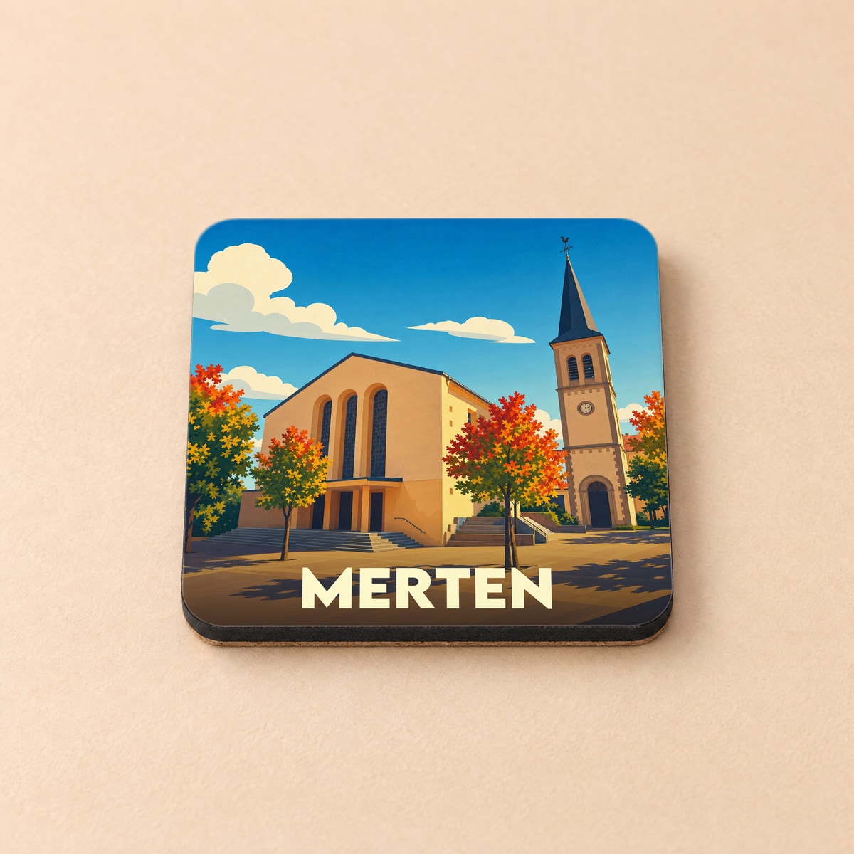 Dessous de verre souvenir de la ville de Merten avec une illustration stylisée d'une église en automne.