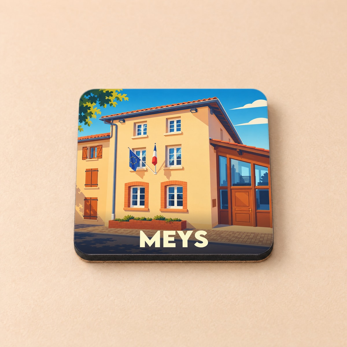 Dessous de verre souvenir de la ville de Meys avec une illustration stylisée de sa mairie.