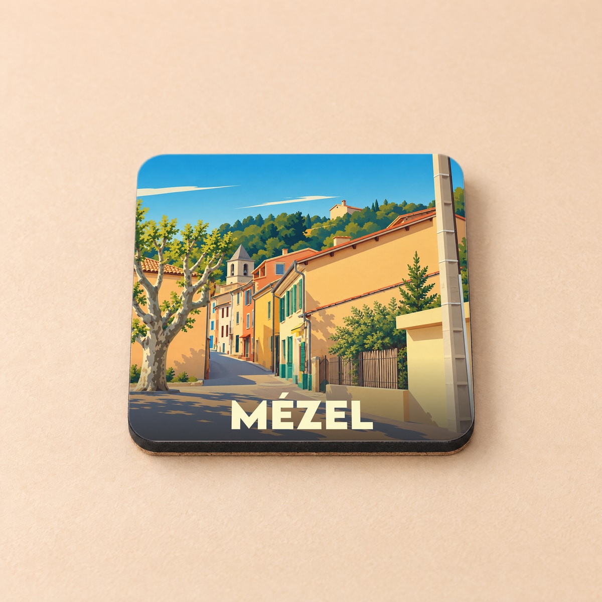Dessous de verre souvenir de la ville de Mézel avec une illustration stylisée.