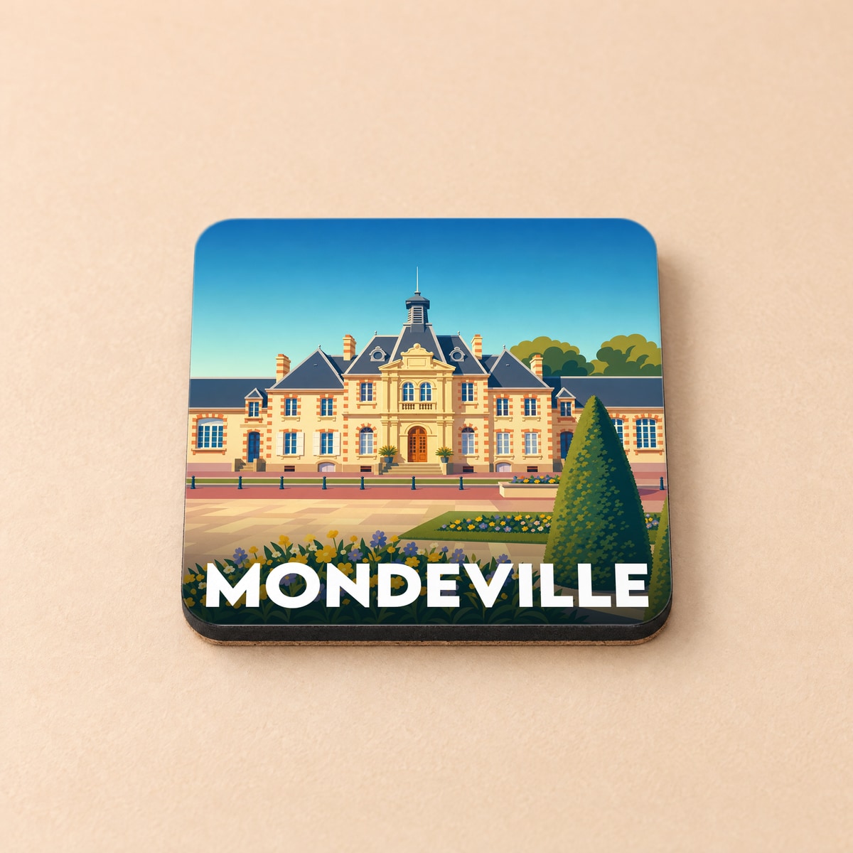 Dessous de verre souvenir de la ville de Mondeville avec une illustration stylisée de son hôtel de ville.