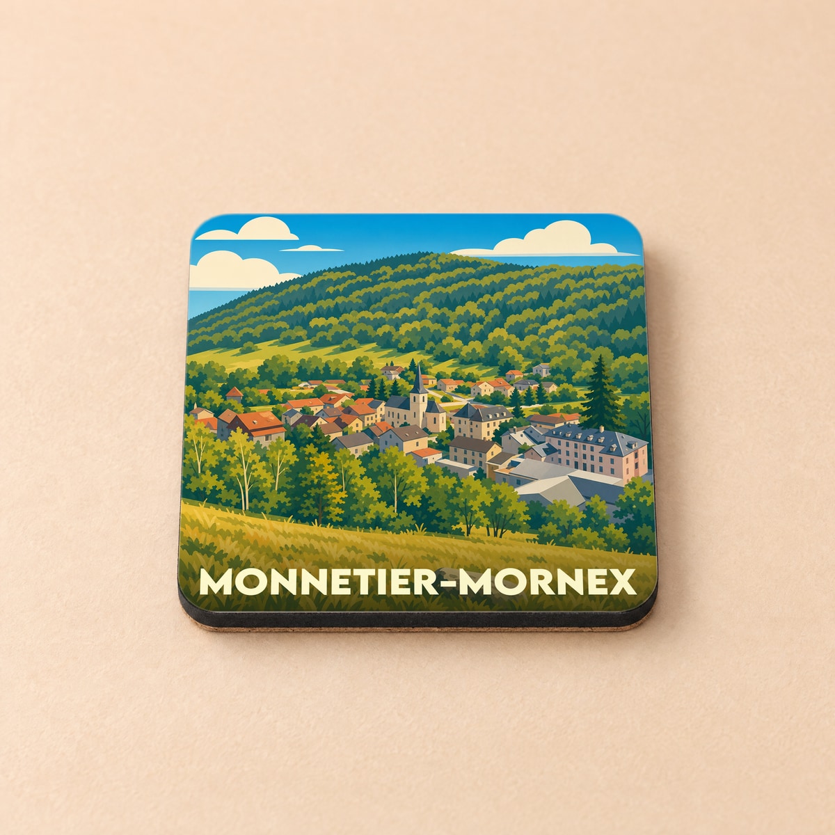 Dessous de verre souvenir de la ville de Monnetier-Mornex avec une illustration stylisée.