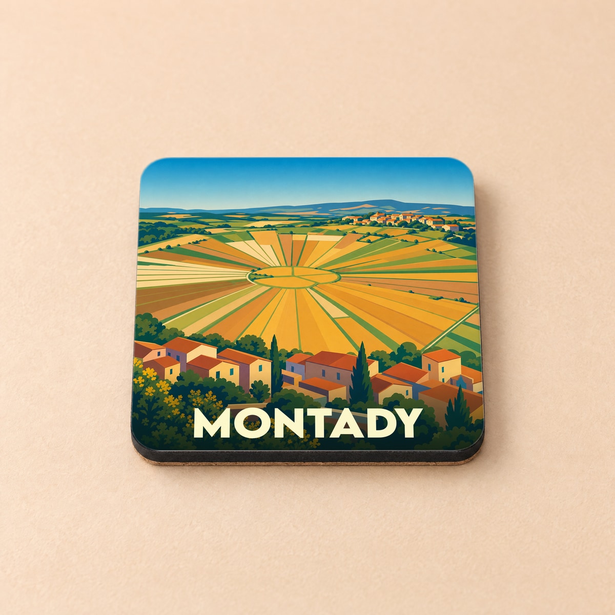 Dessous de verre souvenir de la ville de Montady avec une illustration stylisée de l'étang asséché.