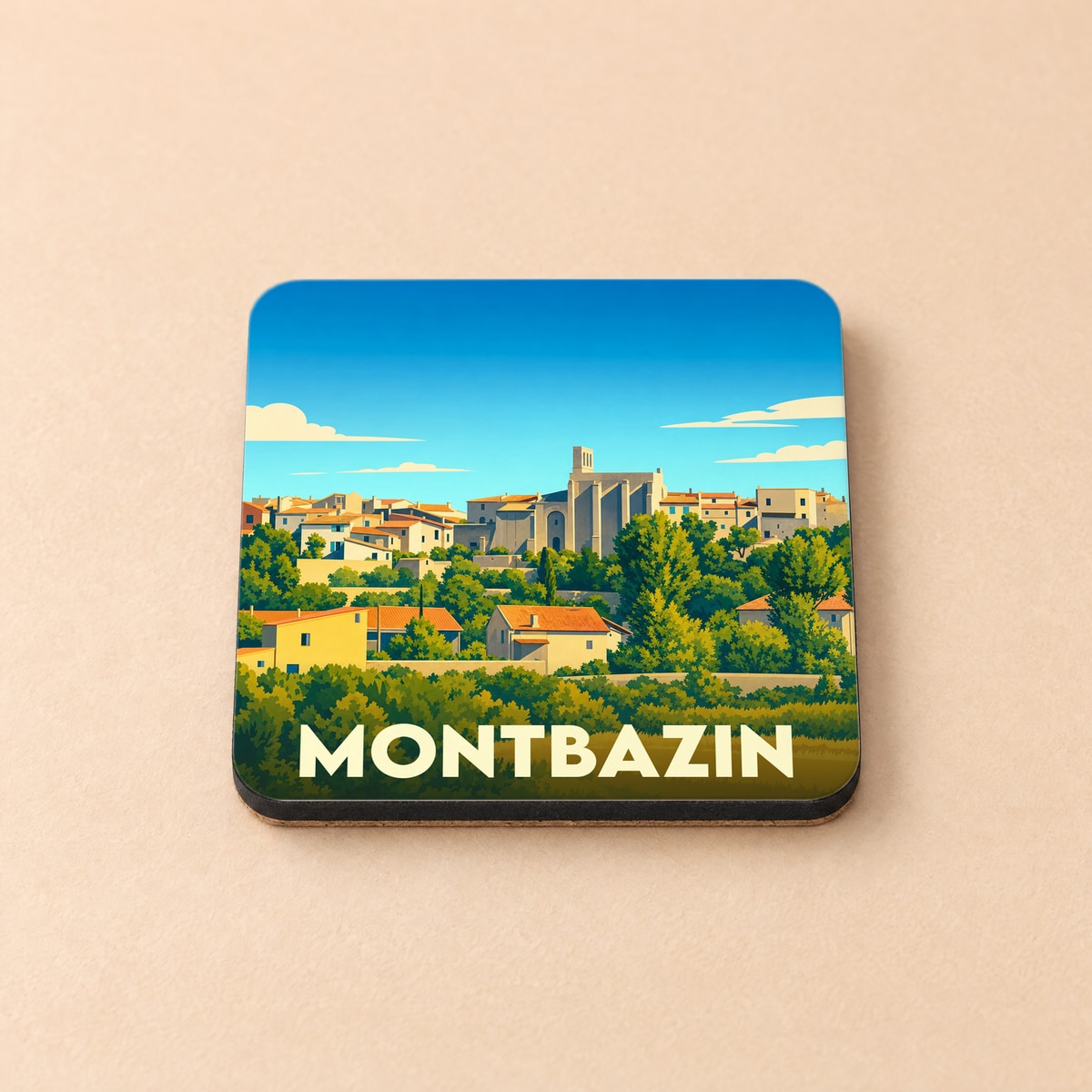 Dessous de verre souvenir de la ville de Montbazin avec une illustration stylisée.
