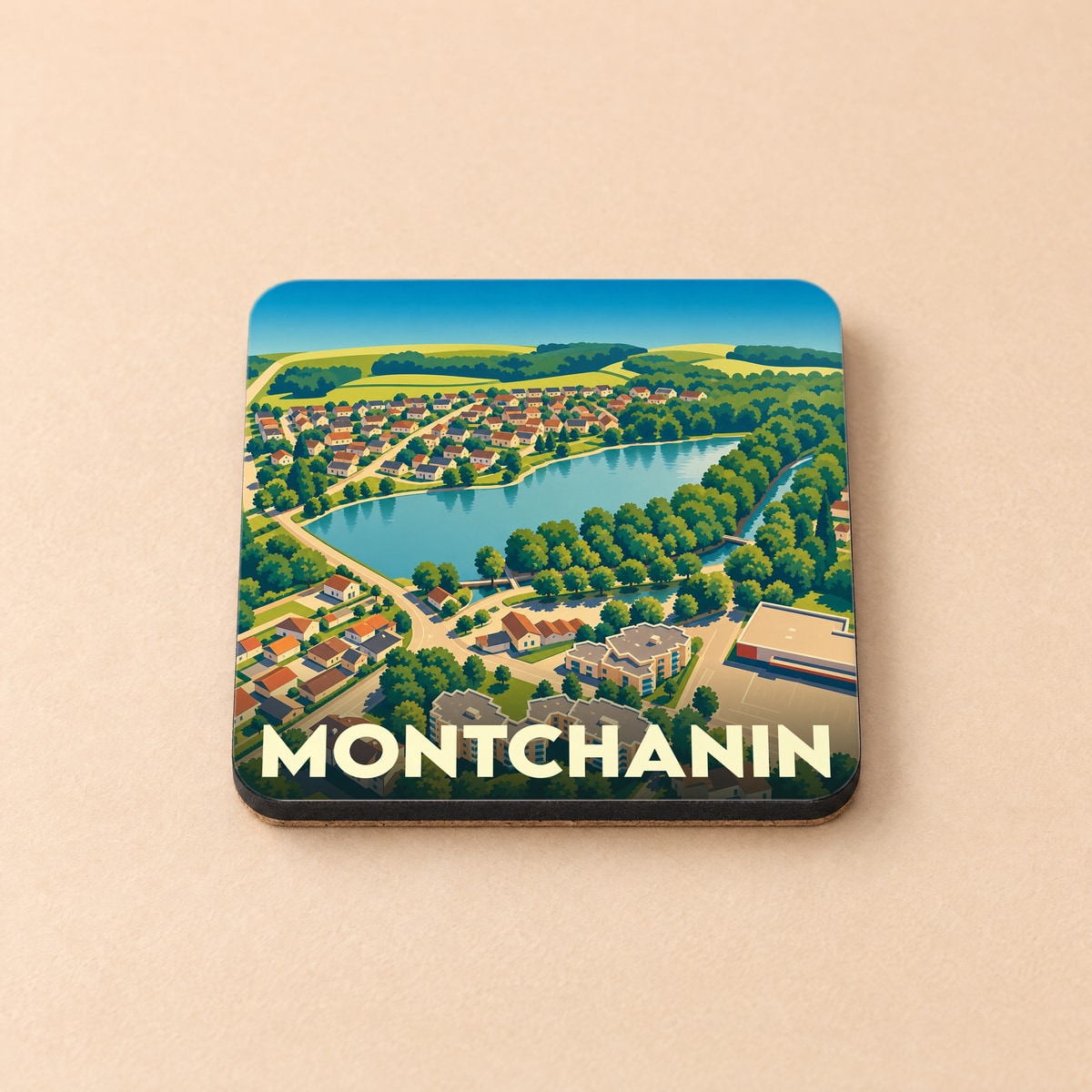 Dessous de verre souvenir de la ville de Montchanin avec une illustration stylisée.