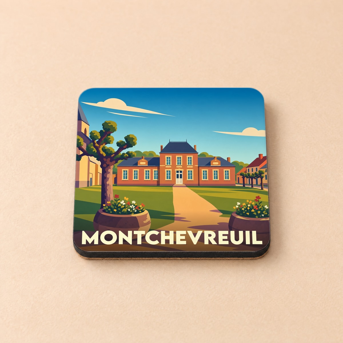 Dessous de verre souvenir de la ville de Montchevreuil avec une illustration stylisée d'une demeure historique.