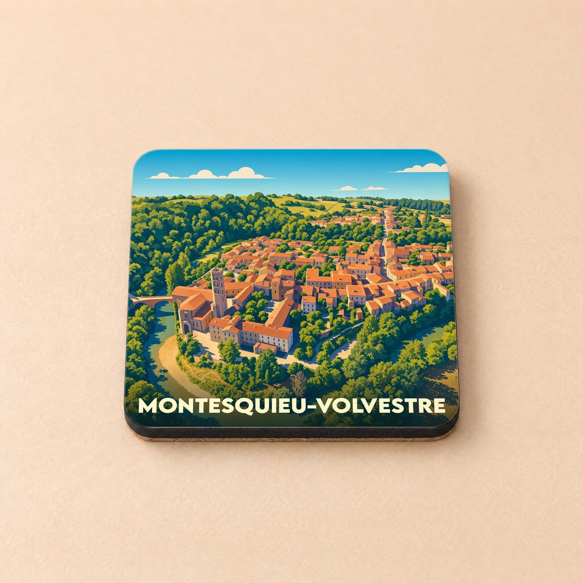 Dessous de verre souvenir de la ville de Montesquieu-Volvestre avec une illustration stylisée.