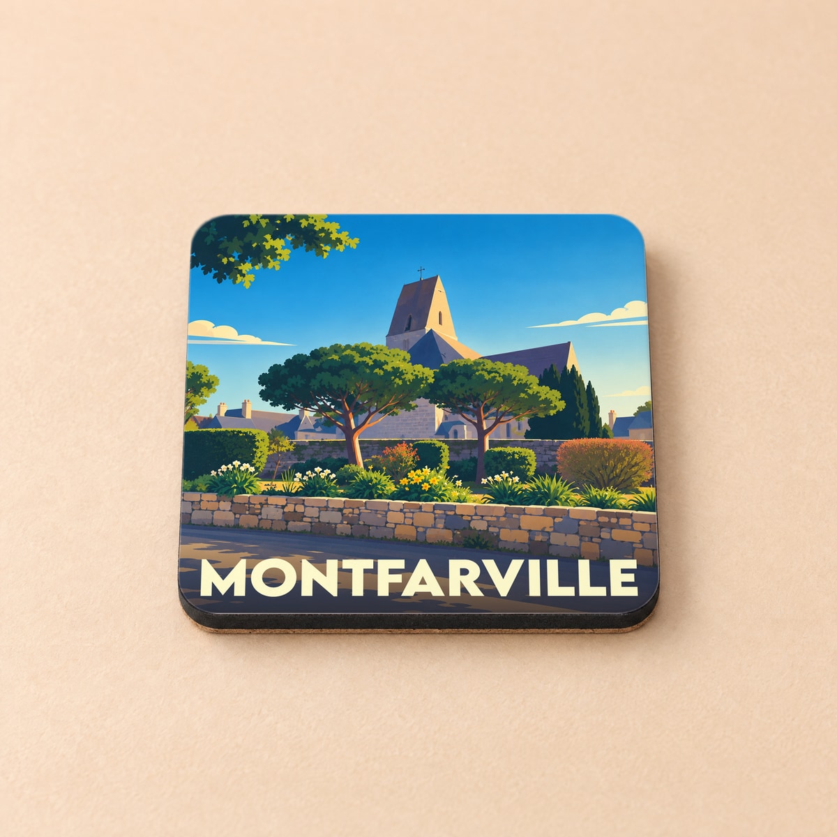 Dessous de verre souvenir de la ville de Montfarville illustré d'une vue stylisée de son église et ses jardins.