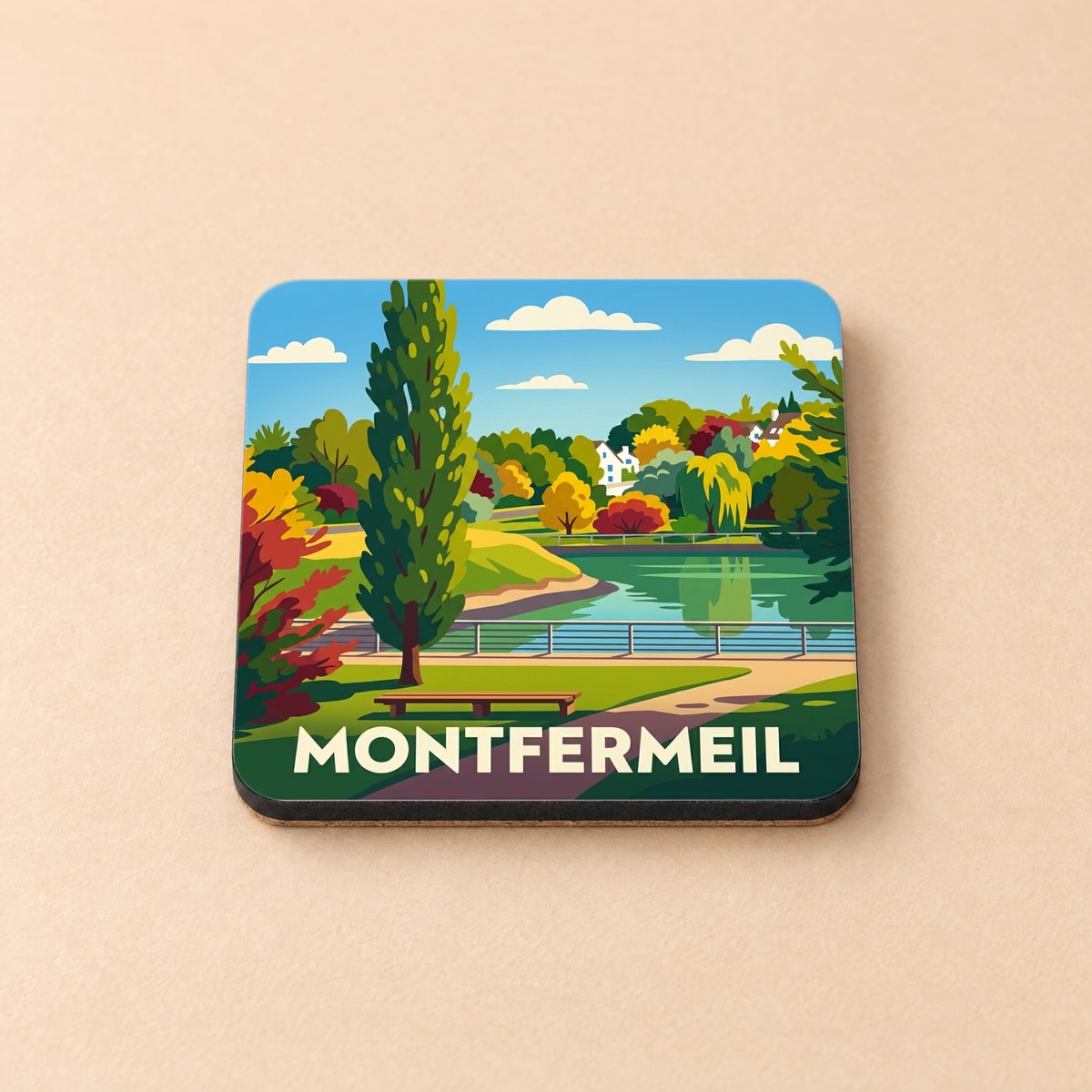Dessous de verre souvenir de la ville de Montfermeil avec une illustration stylisée d'un parc arboré au bord de l'eau.