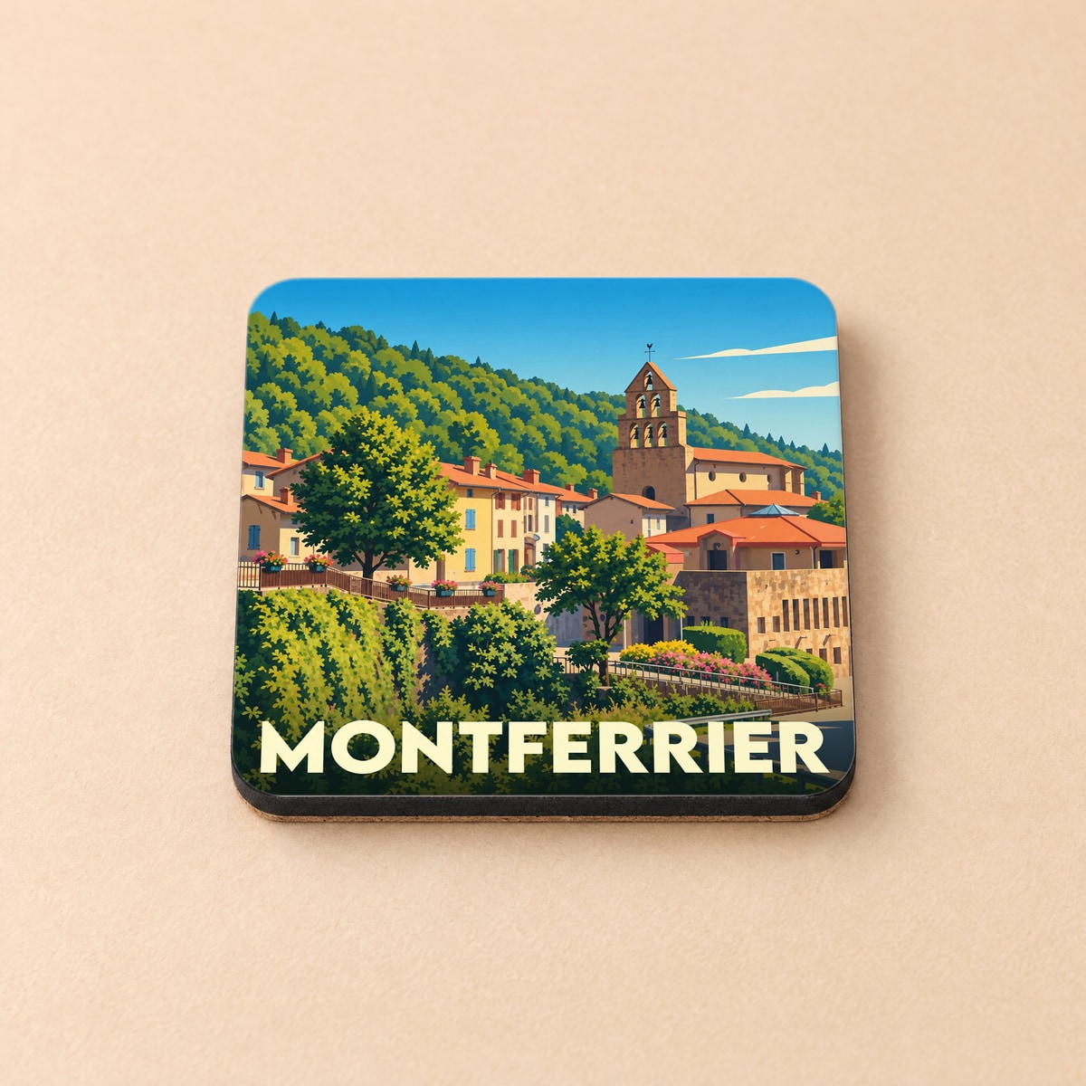 Dessous de verre souvenir de la ville de Montferrier avec une illustration stylisée.