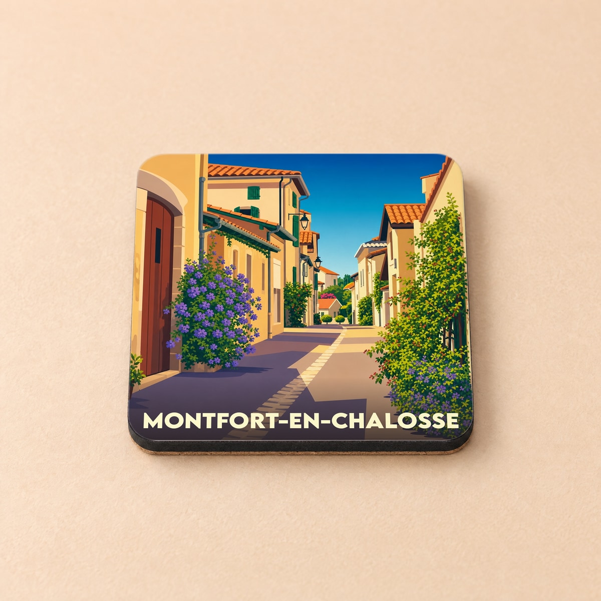 Dessous de verre souvenir de Montfort-en-Chalosse avec une illustration stylisée d'une rue ensoleillée.