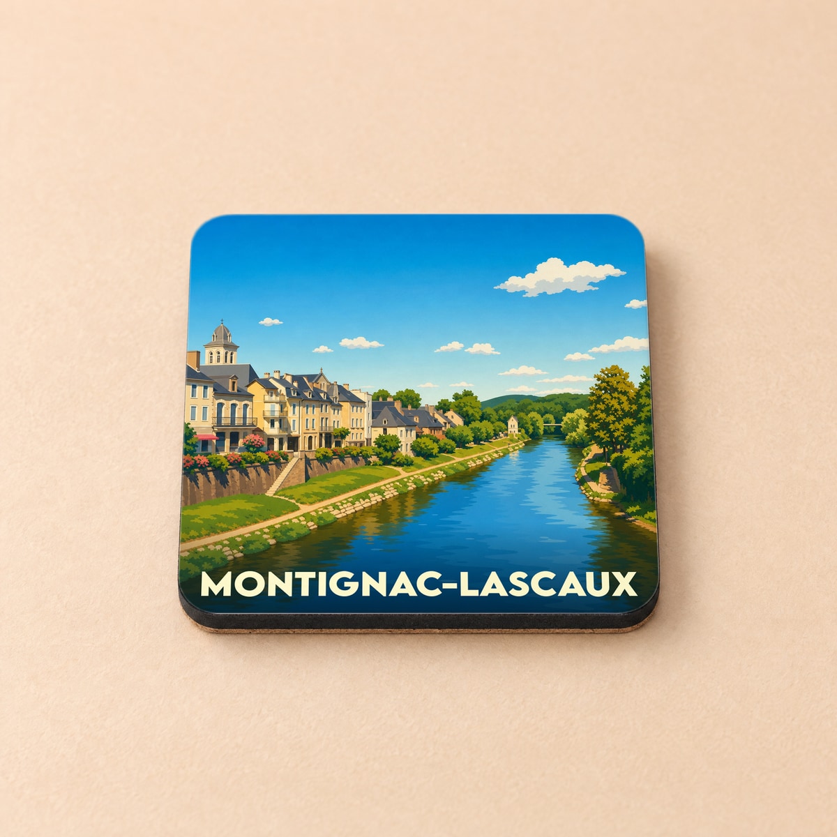 Dessous de verre souvenir de la ville de Montignac-Lascaux avec une illustration stylisée des bords de la Vézère.