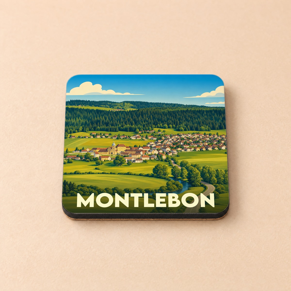 Dessous de verre souvenir de la ville de Montlebon avec une illustration stylisée de son paysage.