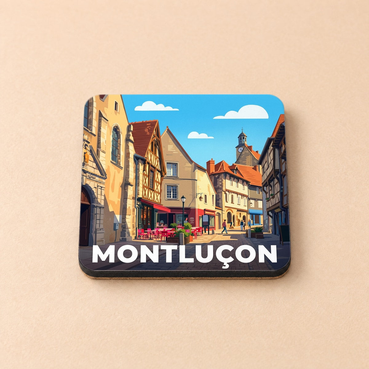 Dessous de verre souvenir de la ville de Montluçon avec une illustration stylisée de son centre historique.