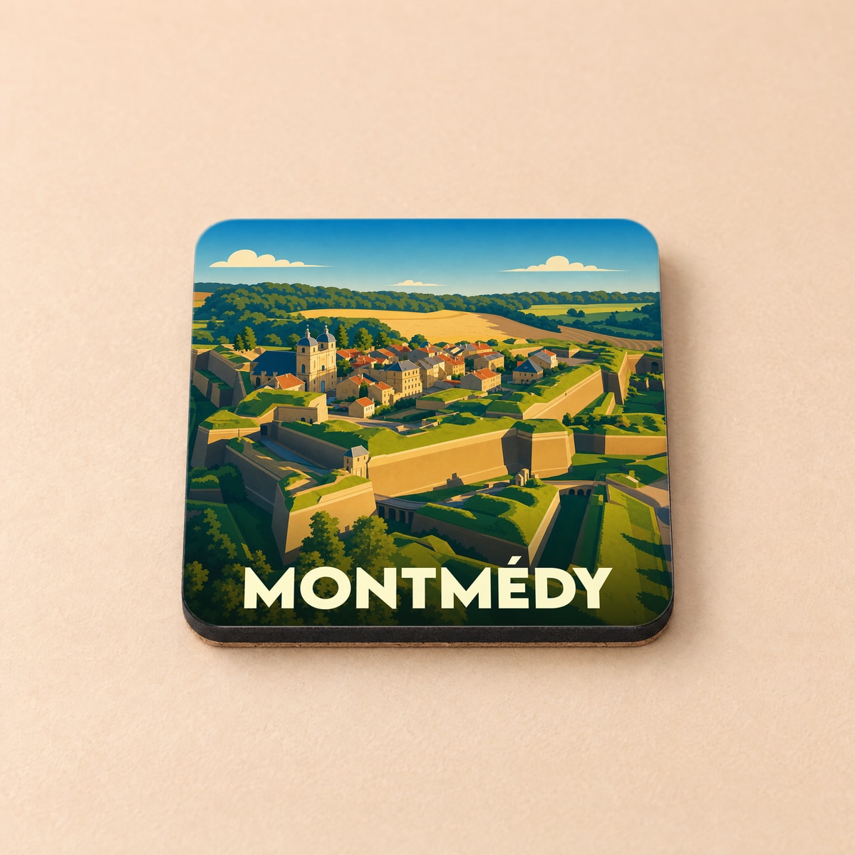 Dessous de verre souvenir de la ville de Montmédy avec une illustration stylisée de sa citadelle.