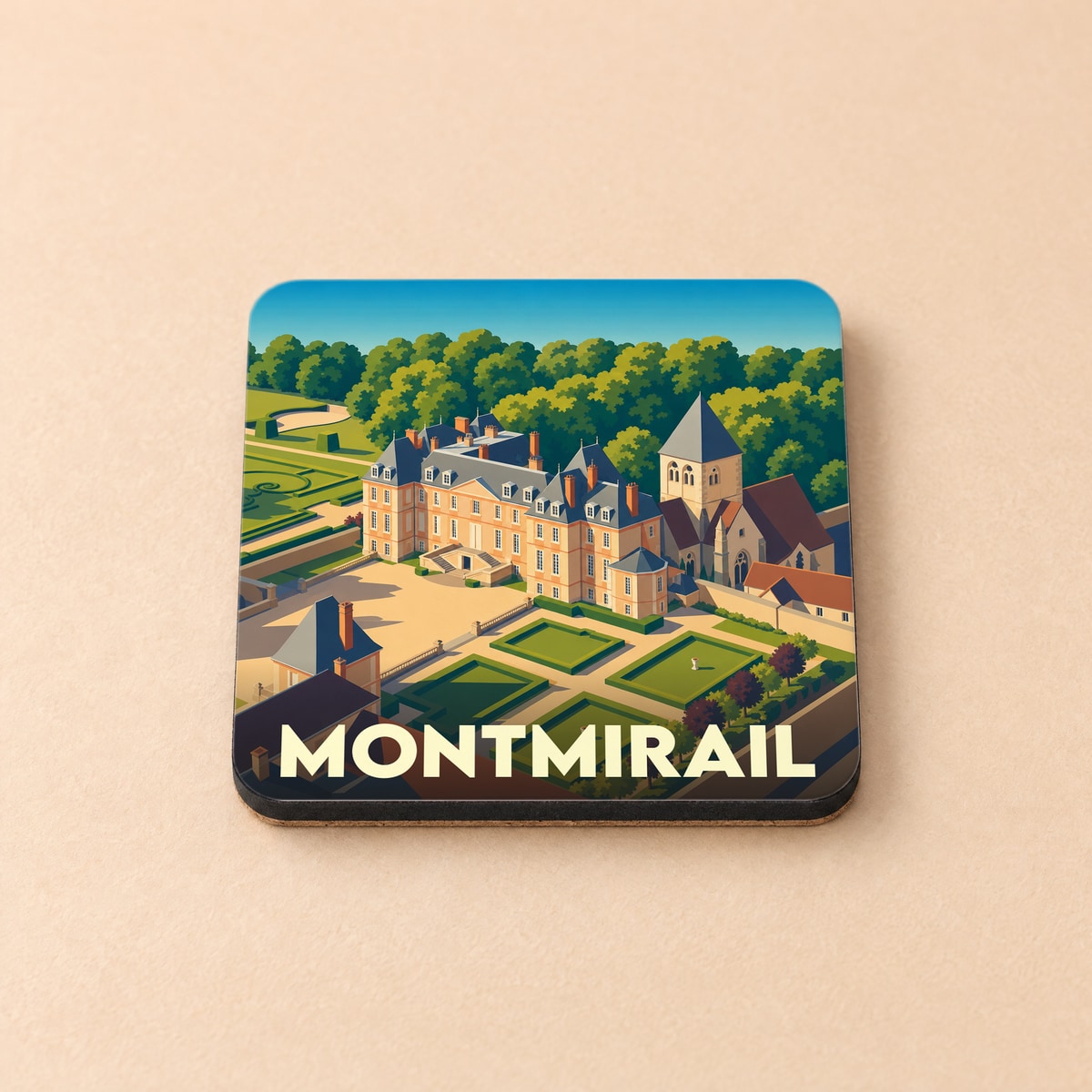 Dessous de verre souvenir de la ville de Montmirail avec une illustration stylisée d'un château et de ses jardins.